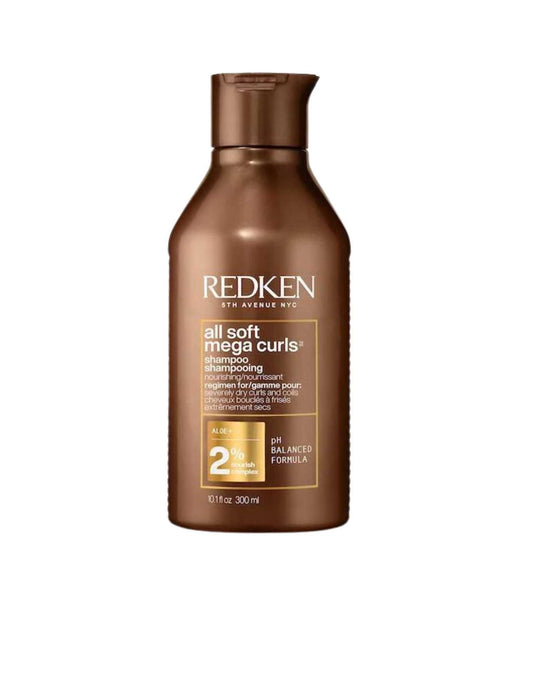 Redken All Soft Mega Curls Shampoo bottle designed for hydrating and defining curly hair, 300ml.