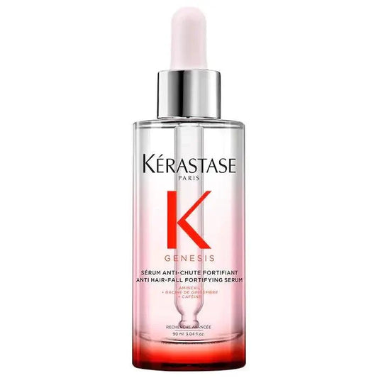 Kérastase Genesis Anti Hair-Fall Fortifying Serum bottle, 90 ml with a pump dispenser, designed to strengthen and reduce hair loss.