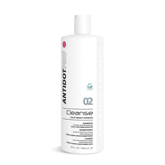 AntidotPro 02 Cleanse shampoo bottle, 1000ML, part of a 3 STEP Treatment system for scalp therapy and cleansing.