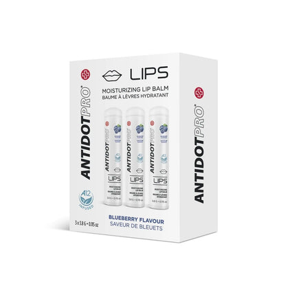 AntidotPro Lips moisturizing lip balm in blueberry flavor, 3 tubes of 3.8g, packaged in a box for hydration and protection.