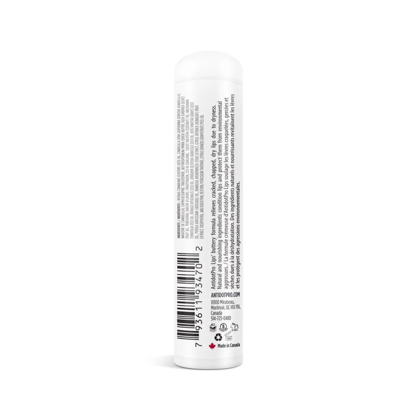 Back view of AntidotPro Lips Blueberry lip balm packaging, highlighting ingredients and usage instructions.