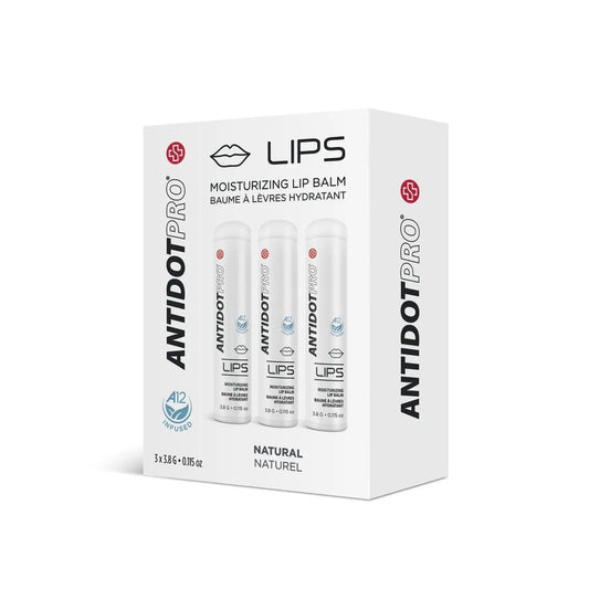 AntidotPro Lips natural moisturizing lip balm pack of three 3.8g tubes, provides hydration and protection for lips.