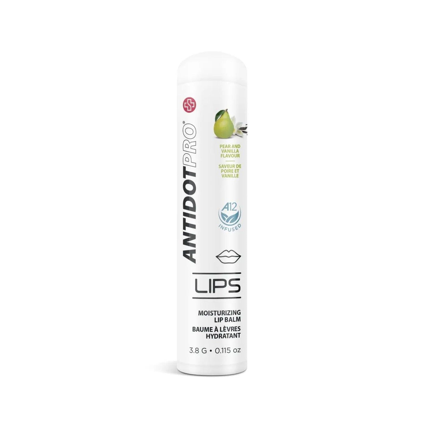 AntidotPro Lips moisturizing lip balm in Pear & Vanilla, 3.8g tube for hydration and healing.