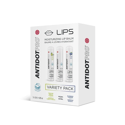 AntidotPro Lips Variety Pack with three 3.8g moisturizing lip balms for hydration and protection against irritations.