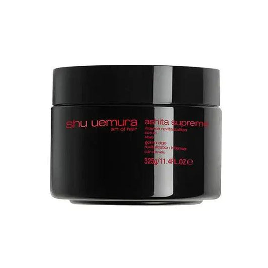 Ashita Supreme Scrub by Shu Uemura in a sleek black jar for gentle scalp exfoliation and revitalization.