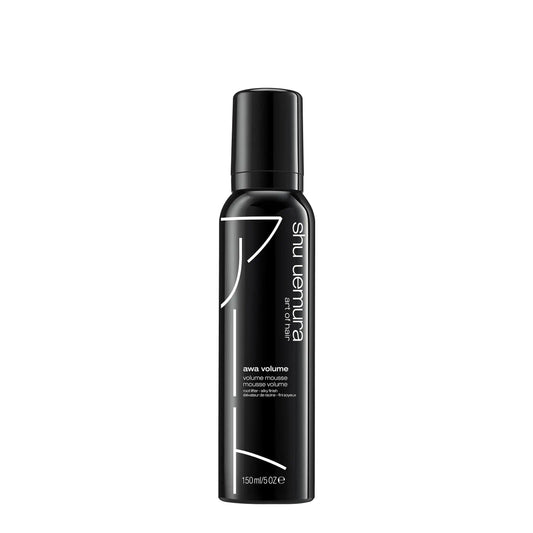 Shu Uemura Awa Volume hair mousse in a sleek black bottle for voluminous styling, suitable for all hair types.