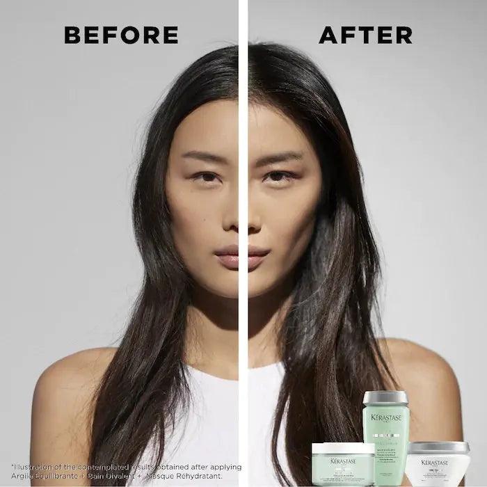 Before and after using Kerastase hair care products for smooth and shiny hair transformation.