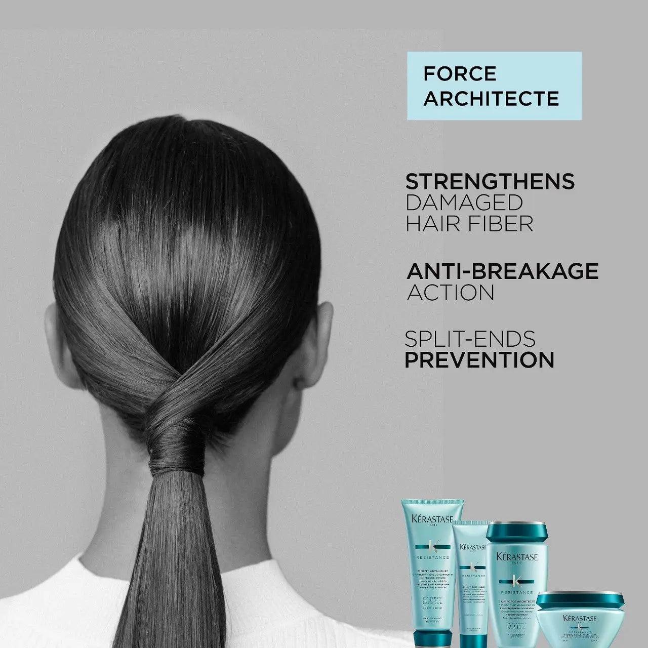 Shampoo and conditioner for damaged hair, Kerastase Force Architecte line, strengthens hair fiber, anti-breakage action, and split-ends prevention.