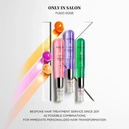 Kerastase Fusio-Dose personalized hair treatment vials in vibrant colors for salon-exclusive hair transformation with 42 possible combinations.