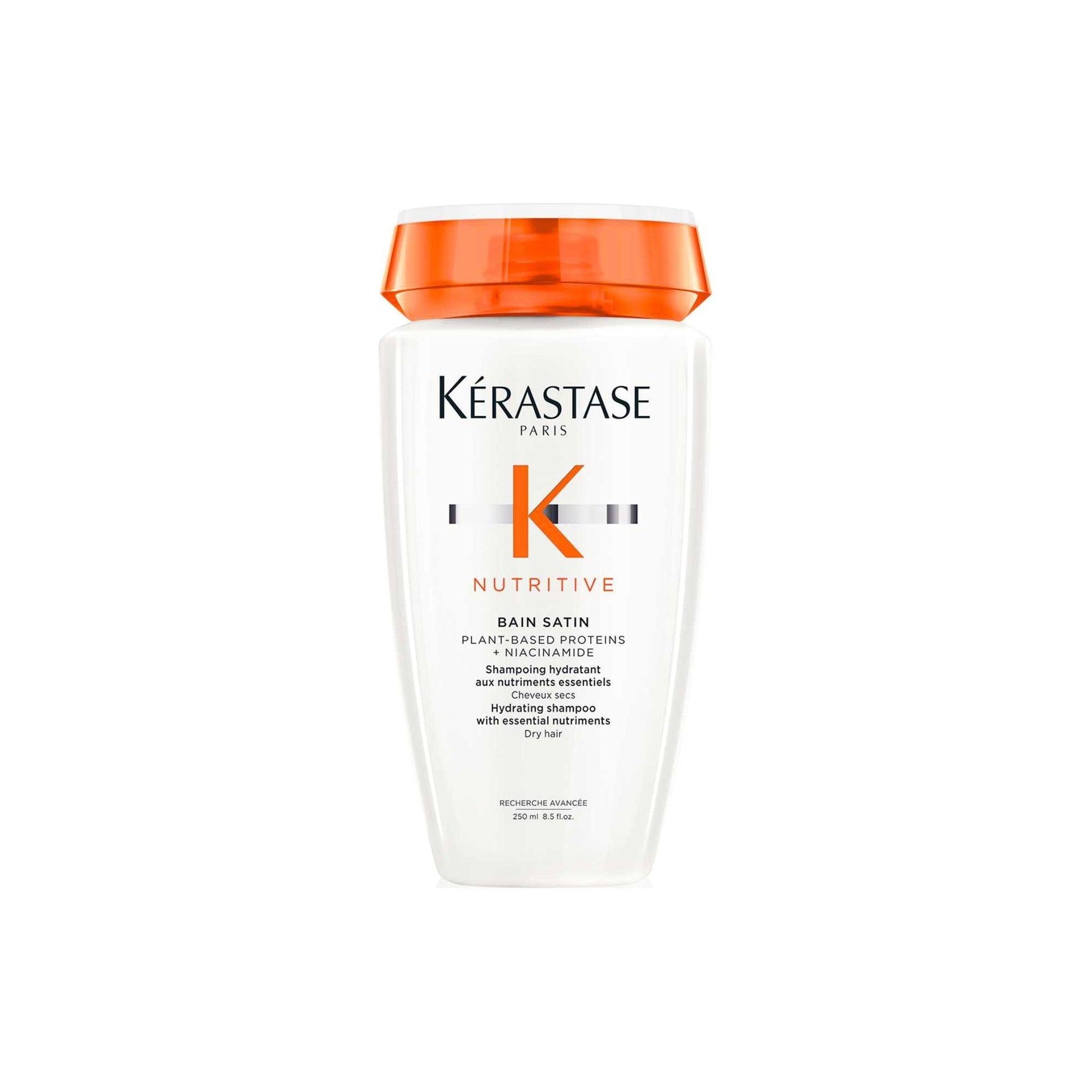 Kérastase Bain Satin moisturizing shampoo for dry hair, enriched with plant-based proteins for nourishment and shine.