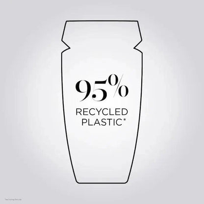 95% recycled plastic graphic on a grey background emphasizing eco-friendly and sustainable materials.
