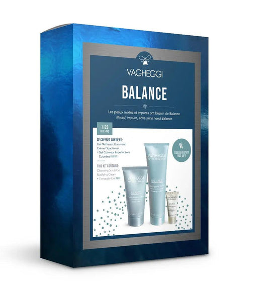 Balance Christmas Gift Set by Vagheggi featuring Cleansing Scrub, Mattifying Cream, and Concealer Gel. Perfect for mixed skin.