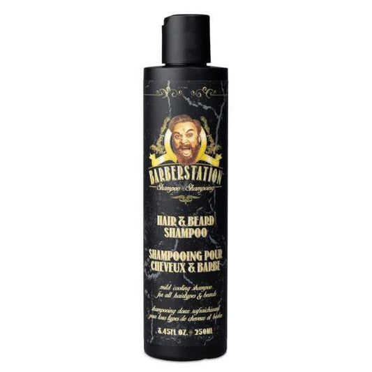 Barberstation Hair & Beard Shampoo bottle, 250ml, suitable for daily use with a refreshing mint scent.