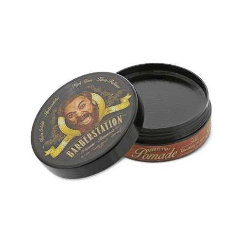 Barberstation Pomade tin with black lid, showcasing medium hold, shine, and vintage branding. Ideal for classic hairstyles.