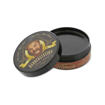 Barberstation Pomade tin with black lid, showcasing medium hold, shine, and vintage branding. Ideal for classic hairstyles.