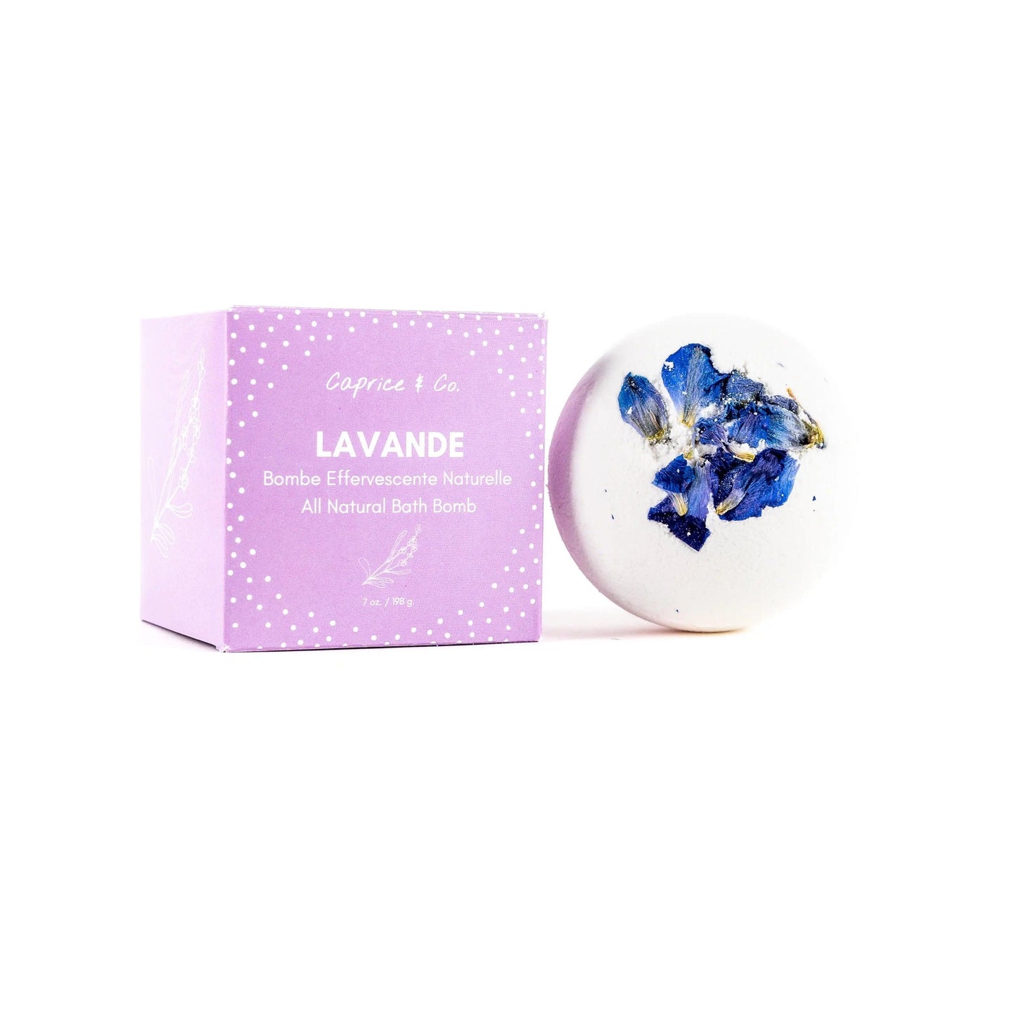 All-natural lavender bath bomb with floral design and pink packaging for soothing and relaxing baths.