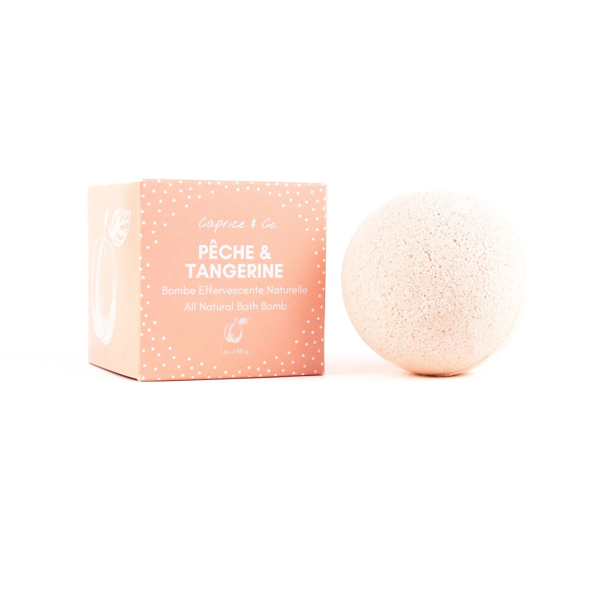 All natural bath bomb in peach and tangerine scent, with eco-friendly packaging, perfect for soothing skincare.