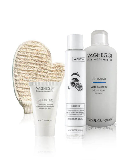 Bath Time Christmas Gift Set featuring Shikakai Bath Milk, Irritual Body Cream, Hand Cream, and Luffa Glove.