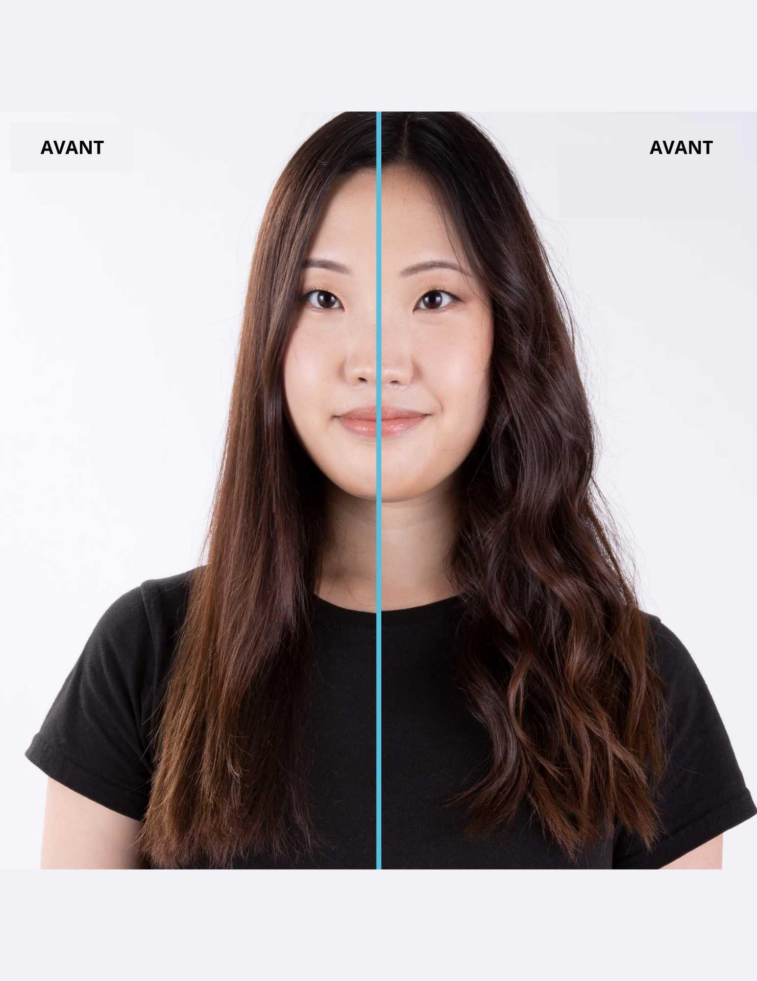 Before and after image showing the transformation of straight hair to beachy waves using Redken Beach Spray.