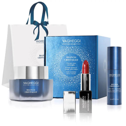 Bianco Cristallo skincare set including face cream, lipstick, and gift bag by Vagheggi. Ideal for anti-wrinkle care.