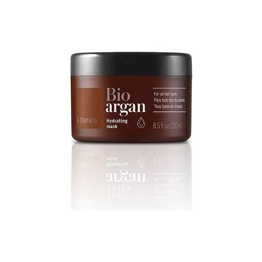 Bioargan Hydrating Mask in a brown jar, ideal for deep moisturizing and nourishing all hair types.
