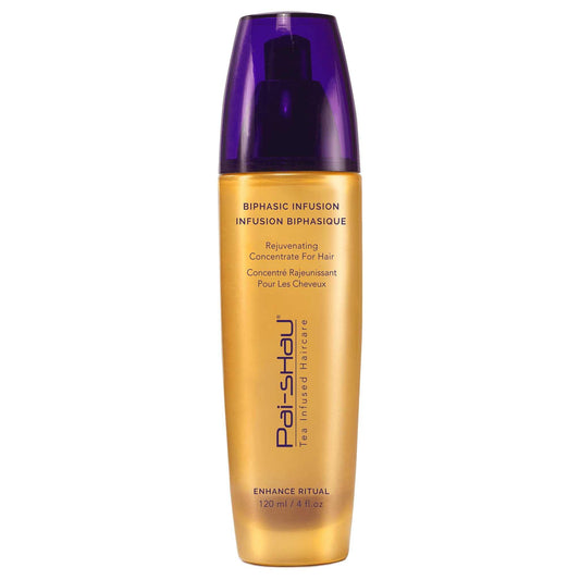 Biphasic Infusion hair rejuvenating concentrate in a sleek golden bottle for daily hair nourishment and protection.