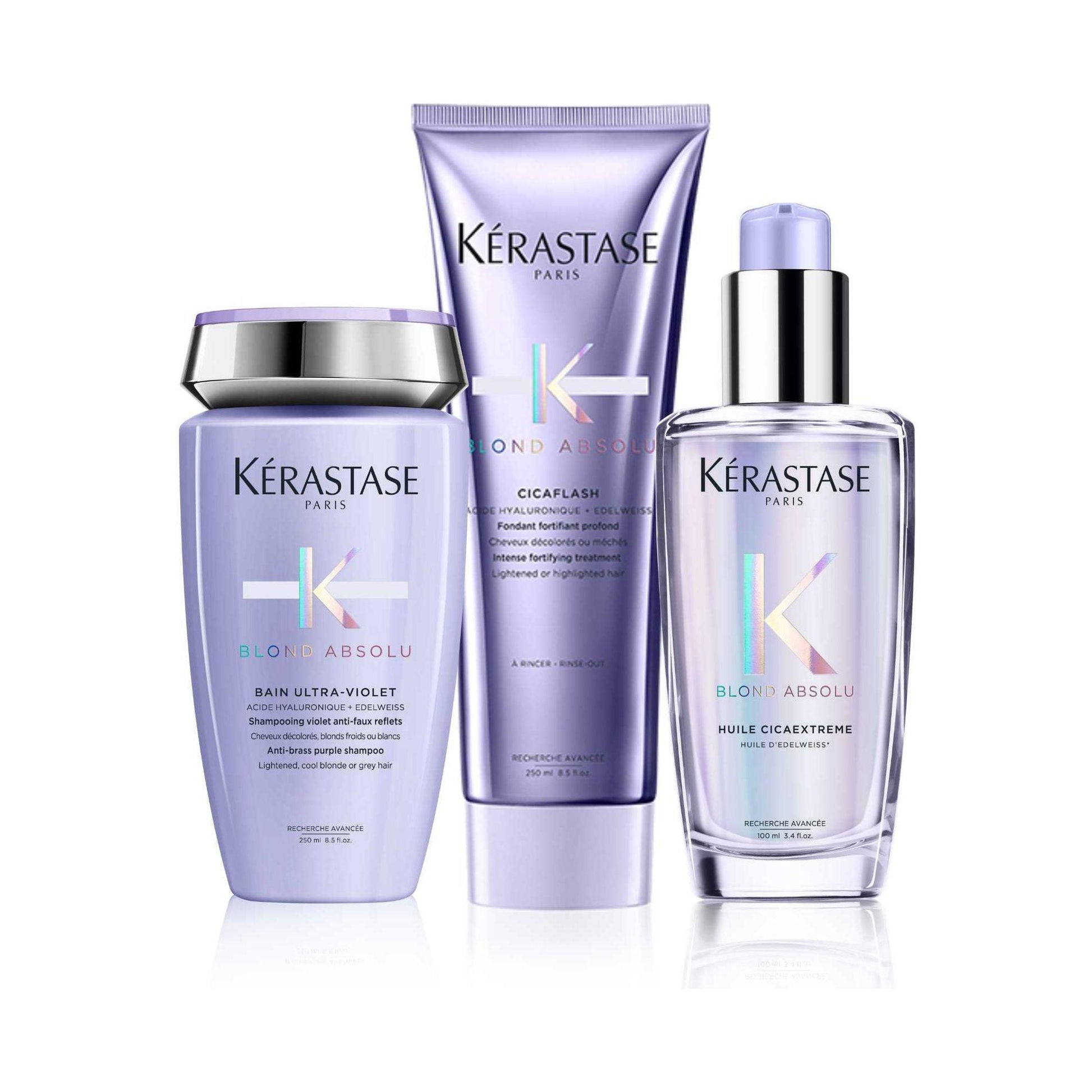 Kérastase Blond Absolu Anti-Brass Essentials set including Bain Ultra-Violet shampoo, Cicaflash, and Huile Cicaextreme.