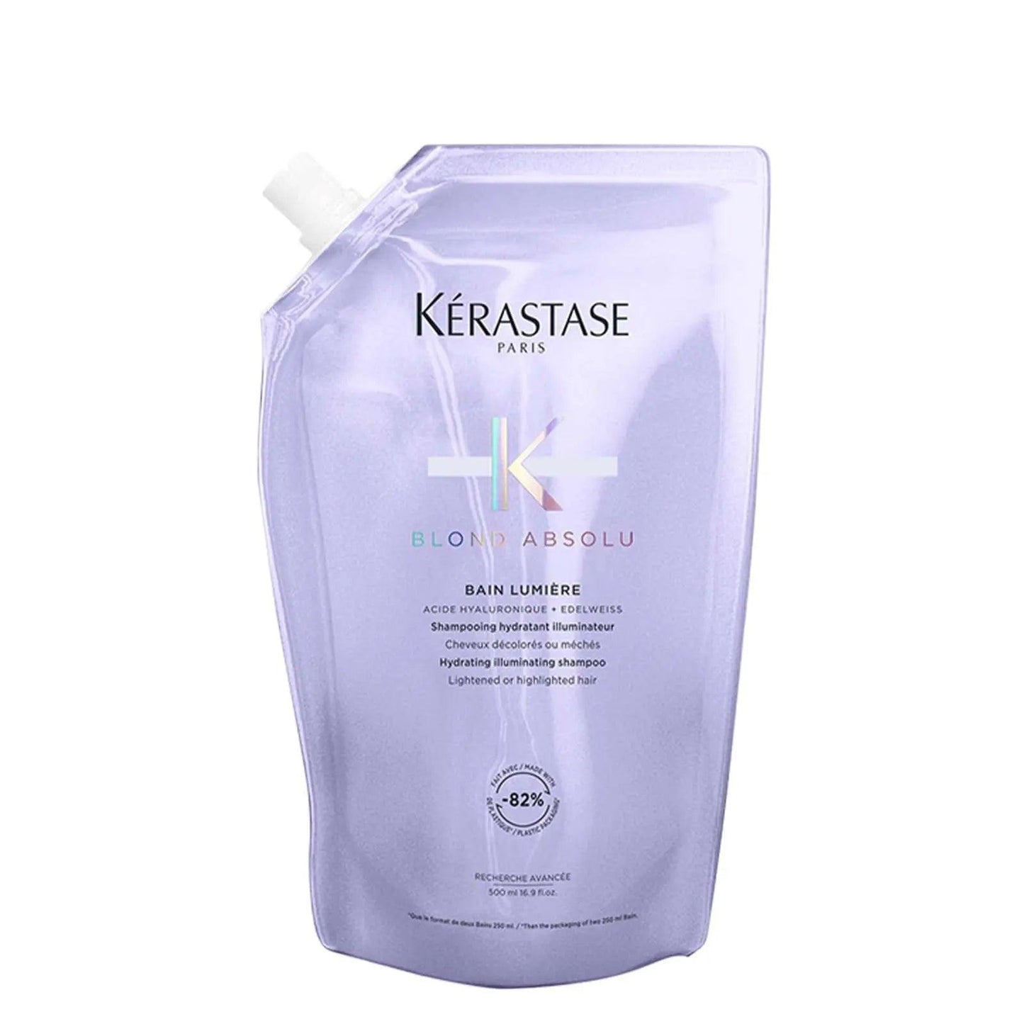 Kérastase Blond Absolu Bain Lumière refill pouch, 82% recycled plastic for sustainable hair care.