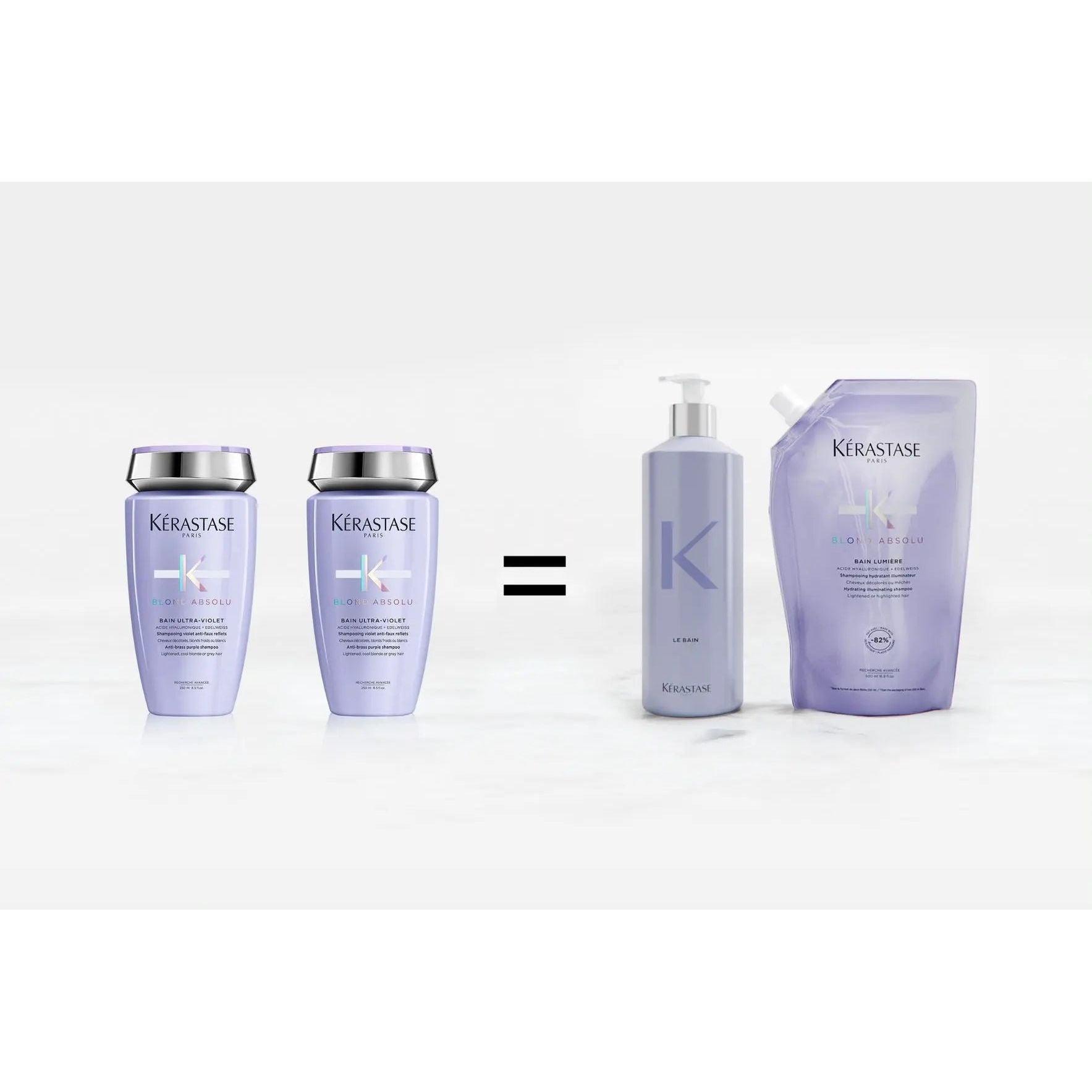 Kérastase Blond Absolu Bain Lumière refill pouch and bottles showing eco-friendly hair care solution.