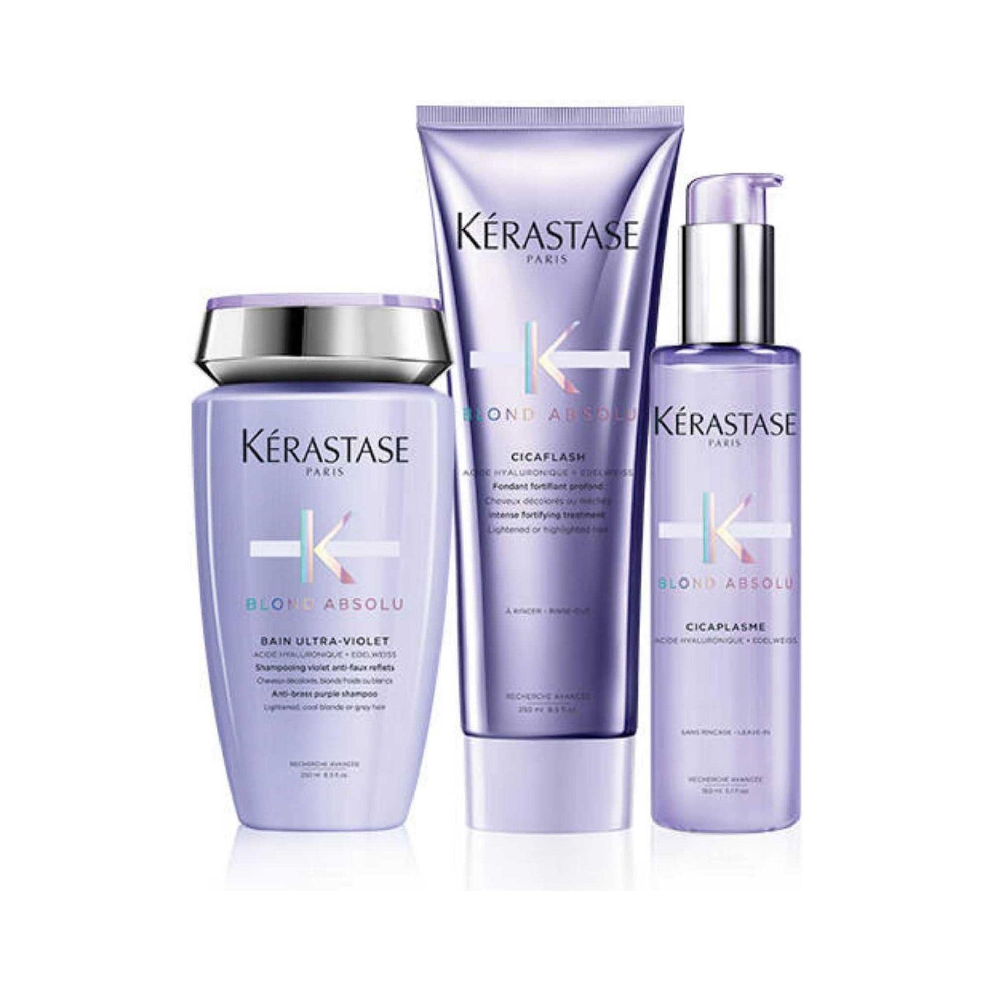 Kérastase Blond Absolu hair care products collection for blonde hair treatment.