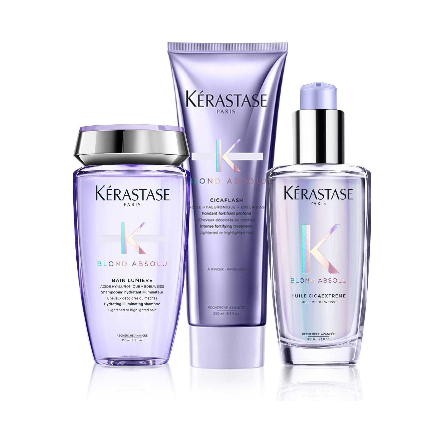 Kérastase Blond Absolu essentials set including Bain Lumière, Cicaplasm, and Huile Cicaextreme for bright blonde hair.