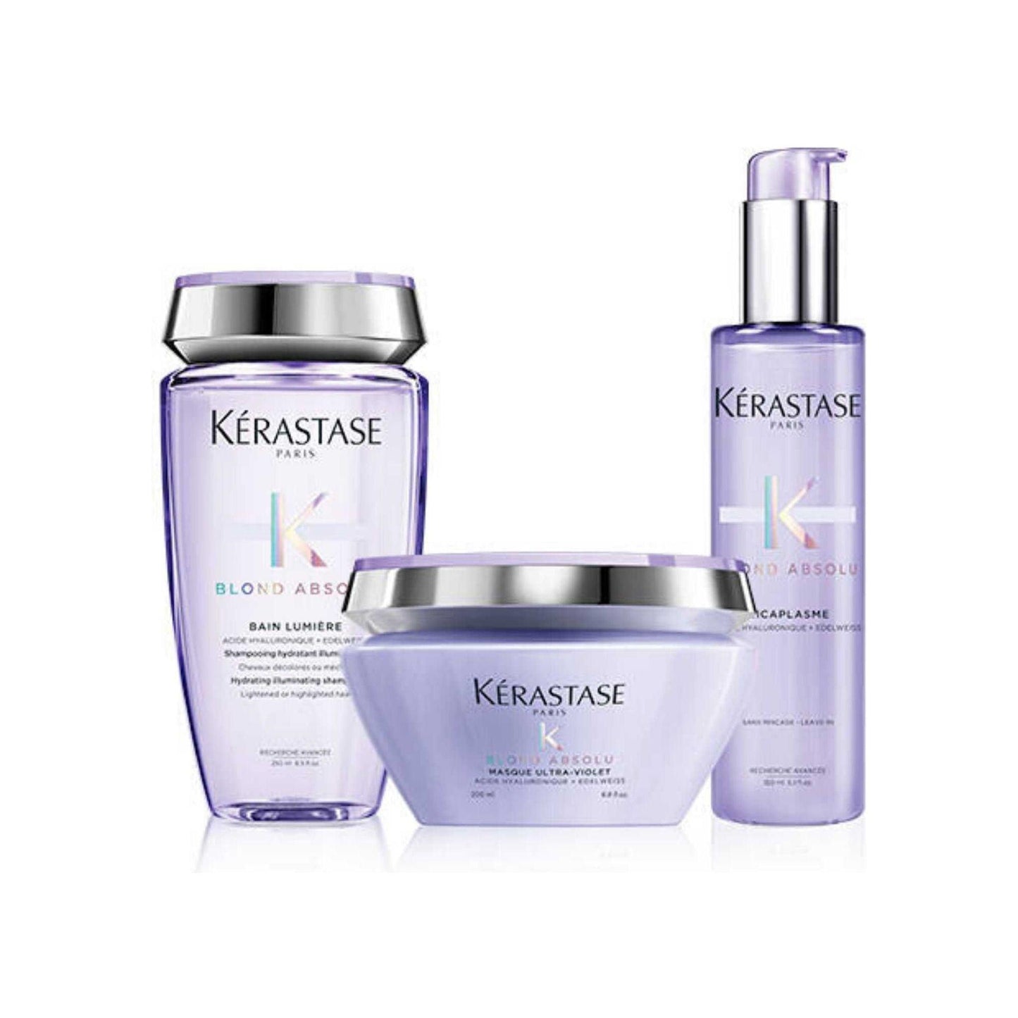 Kérastase Blond Absolu hair care products set including shampoo, conditioner, and treatment serum for blonde hair care and repair