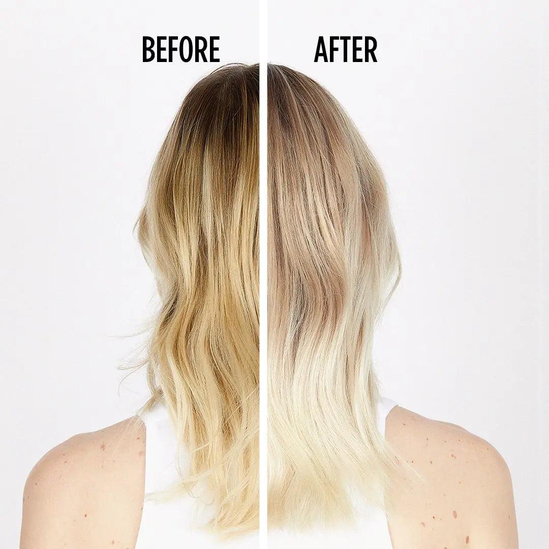 Hair transformation before and after image showing vibrant blonde coloring results.