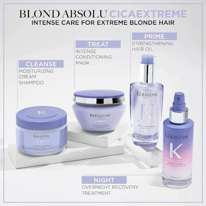 Kerastase Blond Absolu Cicaextreme hair care products for intense blonde hair including shampoo, conditioner, hair oil, and overnight treatment