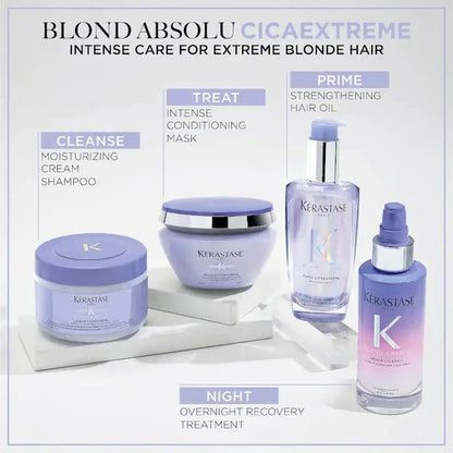Kerastase Blond Absolu Cicaextreme hair care products for intense blonde hair including shampoo, conditioner, hair oil, and overnight treatment