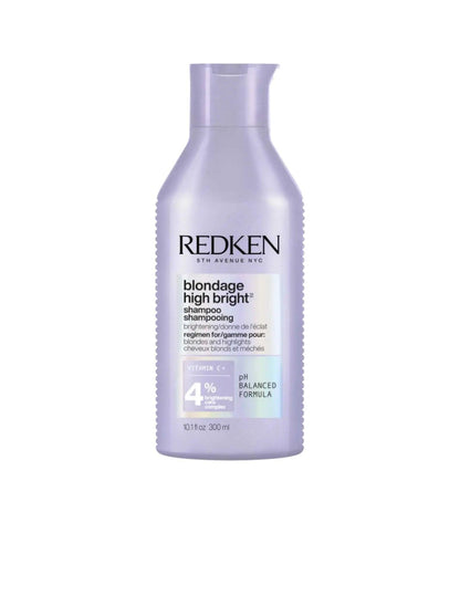 Redken Blondage High Bright Shampoo bottle for enhancing blonde vibrancy and neutralizing brassy tones. 300ml.