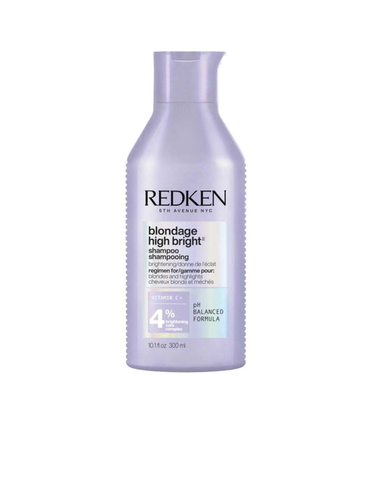 Redken Blondage High Bright Shampoo bottle for enhancing blonde vibrancy and neutralizing brassy tones. 300ml.