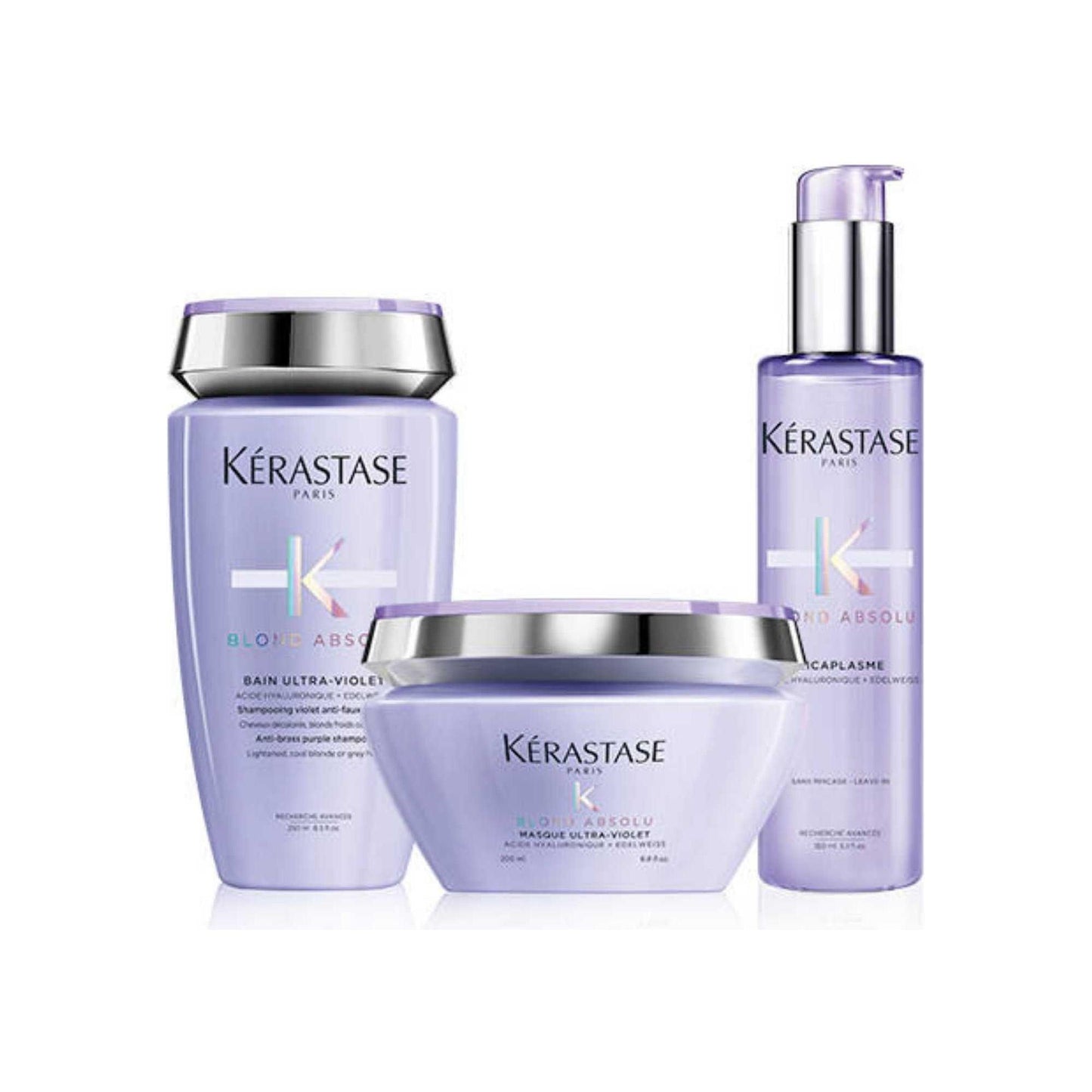 Kérastase Blond Absolu hair care set with purple shampoo, hair mask, and serum for blonde hair maintenance and nourishment.