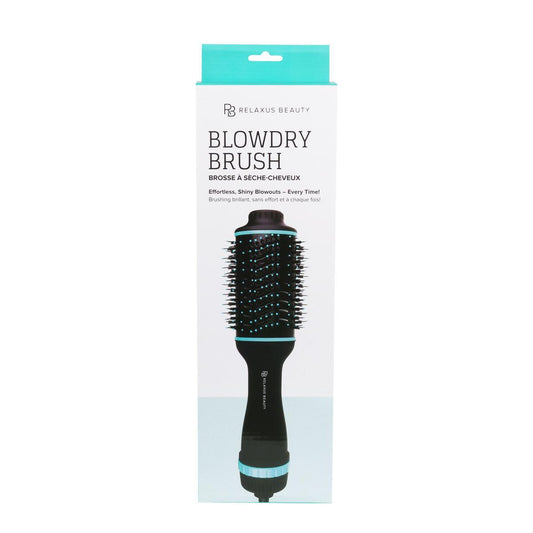 Relaxus Beauty Blowdry Brush packaging showcasing its sleek design for effortless, shiny hairstyles at home.