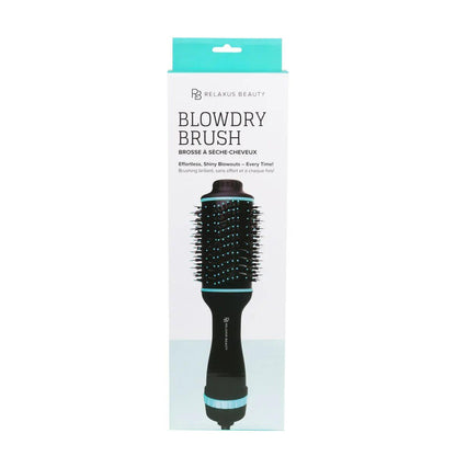 Relaxus Beauty Blowdry Brush packaging showcasing a lightweight, versatile hair dryer brush for effortless styling at home.