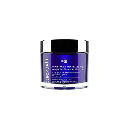 Blue Intensive Replenishing Mask by Blacklight in a jar, enriched with amino acids and argan oil for vibrant, hydrated hair.