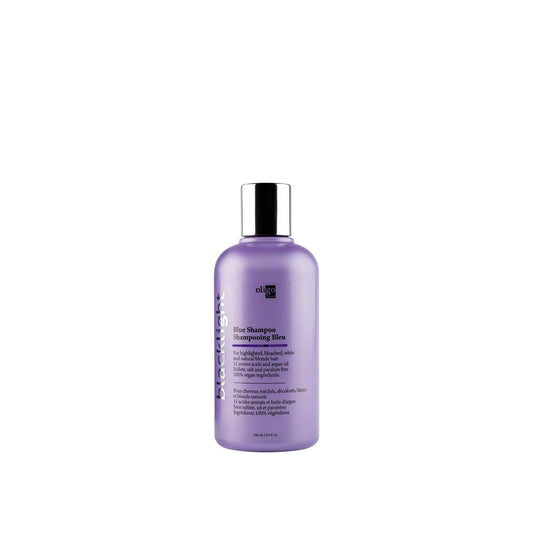 Blacklight’s Blue Shampoo bottle for neutralizing brassiness in blonde and highlighted hair with argan oil.
