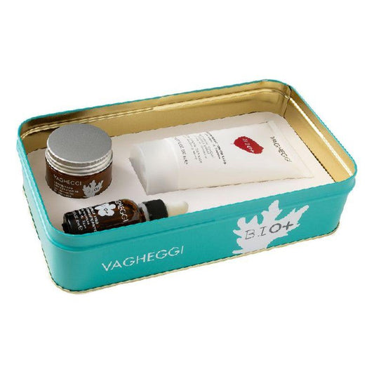 Vagheggi BIO+ skincare gift set featuring creams and serums in a stylish turquoise tin.