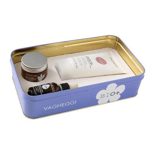 Vagheggi Bio+ skincare set in a decorative tin, featuring moisturizing cream and other natural products.