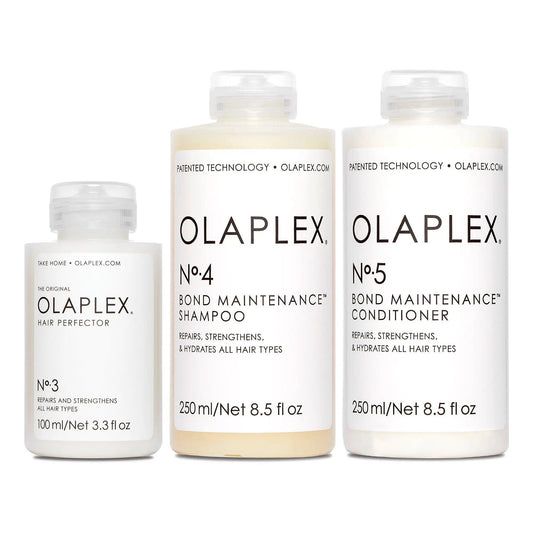 Olaplex Bond Maintenance System Kit featuring No.3 Hair Perfector, No.4 Shampoo, and No.5 Conditioner for all hair types.