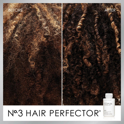 Before and after results of No.3 Hair Perfector, showcasing improved curl definition and hair strength.