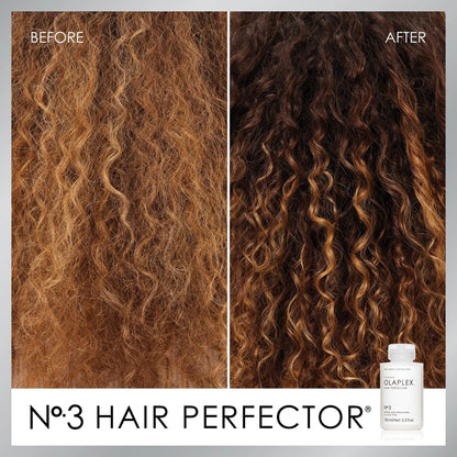Before and after transformation using No.3 Hair Perfector for stronger, healthier curls. OLAPLEX bonding treatment.