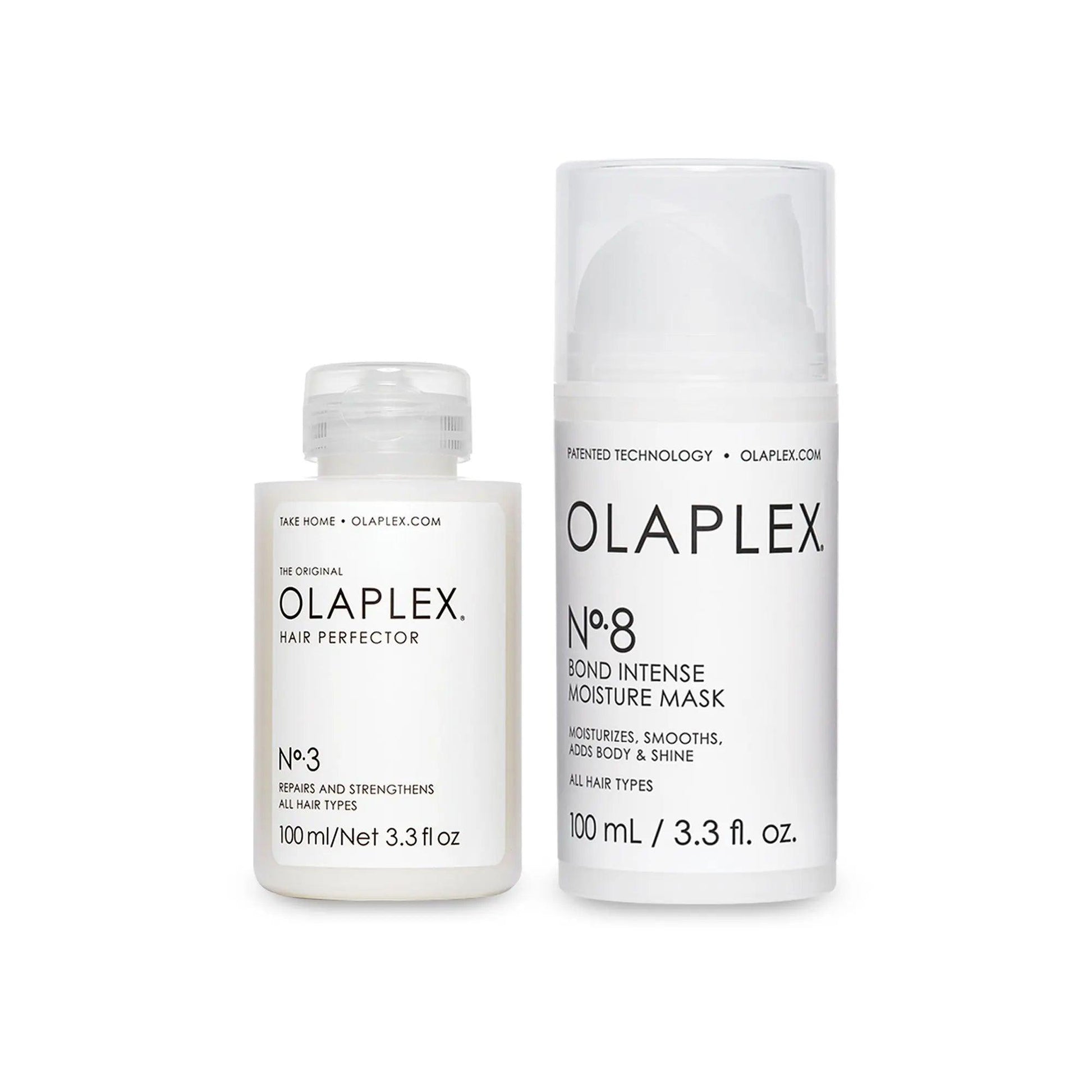 Olaplex Bond Treatment Duo, featuring Nº.3 Hair Perfector and Nº.8 Intense Moisture Mask for all hair types.