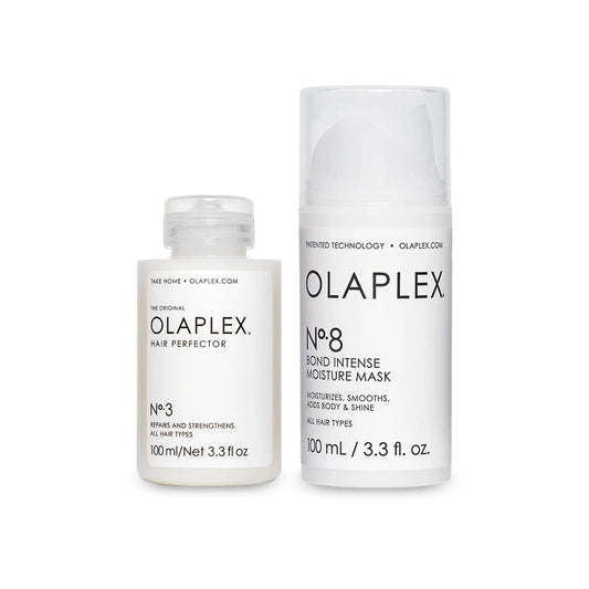 Olaplex Bond Treatment Duo, featuring Nº.3 Hair Perfector and Nº.8 Intense Moisture Mask for all hair types.