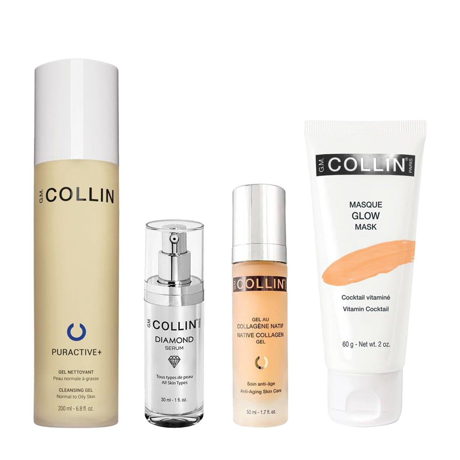 Brightening Bundle includes Puractive+ Cleanser, Diamond Serum, Native Collagen Gel, and Glow Mask for normal/combo skin.